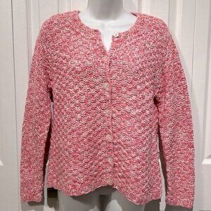 Talbots Pink White Hand Knit Cotton Cardigan Sweater Size M